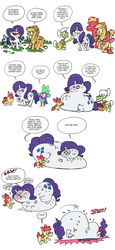 Size: 700x1519 | Tagged: safe, artist:krampuskind, apple bloom, applejack, big macintosh, granny smith, rarity, spike, dragon, earth pony, pony, unicorn, g4, chubby, dead, death, dialogue, fat, female, filly, gasp, immobile, impossibly large butt, male, mare, morbidly obese, obese, raritubby, simple background, speech bubble, stallion, stuffing, weight gain, white background, x eyes