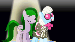 Size: 853x480 | Tagged: safe, artist:jan, photo finish, oc, oc:emerald may, earth pony, pegasus, pony, picture perfect pony, g4, animated, camera, clock, clothes, female, floppy ears, gif, pegasus oc, spread wings, wings