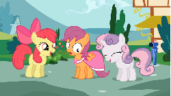 Size: 853x480 | Tagged: dead source, safe, artist:jan, apple bloom, scootaloo, sweetie belle, earth pony, pegasus, pony, unicorn, picture perfect pony, g4, alternate hairstyle, animated, clothes, cutie mark crusaders, dress, female, laughing, scootaloo is not amused, unamused