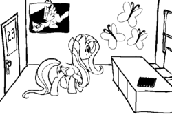 Size: 650x450 | Tagged: safe, artist:violetclm, fluttershy, oc, oc:dizzy pinwheel, pegasus, pony, hoofstuck, g4, cowboys and equestrians, desk, female, flying, indoors, mad (tv series), mad magazine, mare, monochrome, parody, problem sleuth, solo, walking