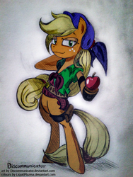 Size: 600x800 | Tagged: safe, artist:discommunicator, artist:liquidplazma, applejack, earth pony, pony, g4, apple, bandana, bipedal, costume, female, obligatory apple, solo