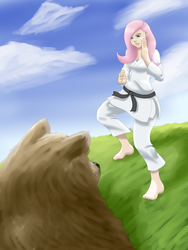 Size: 3000x4000 | Tagged: dead source, safe, artist:xeolan, fluttershy, bear, g4, barefoot, black belt, clothes, fearless, feet, gi, humanized, karate, martial arts, pants, robe, solo