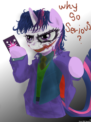 Size: 1936x2592 | Tagged: safe, artist:flowersimh, twilight sparkle, pony, g4, batman, crossover, so who's batman?, solo, the dark knight, the joker, twijoker, why so serious?