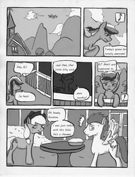 Size: 800x1045 | Tagged: safe, artist:lyun, applejack, rainbow dash, soarin', g4, comic, food, monochrome, pie