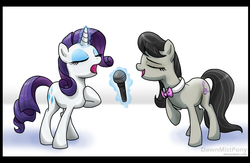 Size: 2589x1688 | Tagged: safe, artist:dawnmistpony, octavia melody, rarity, earth pony, pony, unicorn, g4, duet, female, horn, lesbian, magic, mare, raritavia, shipping, singing