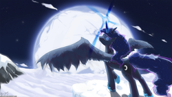 Size: 1920x1080 | Tagged: safe, artist:alliszero, princess luna, pony, g4, female, magic, moon, night, snow, solo, wallpaper, winter