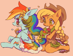 Size: 725x562 | Tagged: safe, artist:rikose, applejack, rainbow dash, g4, alternate hairstyle, blushing, clothes, dress, female, gala, gala dress, lesbian, ship:appledash, shipping