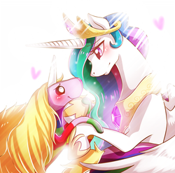 Size: 764x754 | Tagged: safe, artist:missaka, princess celestia, alicorn, pony, g4, adventure time, anime, blushing, crossover, crossover shipping, female, heart, lady rainicorn, lesbian, looking at each other, male, mare, rainicorn, shipping