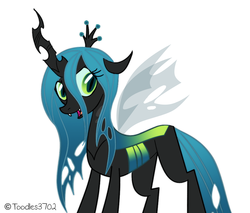 Size: 981x835 | Tagged: safe, artist:toodles3702, queen chrysalis, changeling, changeling queen, g4, fangs, female, frown, mare, open mouth, signature, simple background, smiling, solo, standing, white background