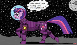 Size: 900x525 | Tagged: safe, artist:jamesrye, twilight sparkle, pony, unicorn, g4, astronaut, female, i love..., mare, planet, planet surface, ponies in space, solo, spacesuit, stars, unicorn twilight