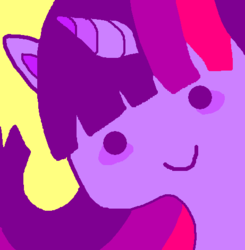 Size: 461x471 | Tagged: safe, artist:seniorpony, twilight sparkle, pony, unicorn, g4, cute, dot eyes, female, gradient horn, horn, mare, ms paint, no nose, simple background, smiley face, smiling, solo, unicorn twilight, yellow background
