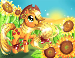 Size: 958x740 | Tagged: safe, artist:for-he-who-is-grand, applejack, earth pony, pony, g4, female, flower, flower in hair, raised hoof, ribbon, solo, sunflower