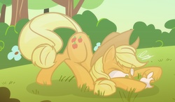 Size: 925x545 | Tagged: safe, artist:skygracer, applejack, earth pony, pony, g4, apple (company), crossover, face down ass up, female, flat colors, irritated, mare, no pupils, solo