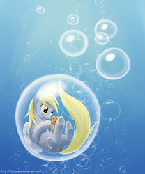 Size: 1500x1800 | Tagged: safe, artist:fujinohana, derpy hooves, pegasus, pony, g4, bubble, crepuscular rays, cute, digital art, feather, female, flowing mane, flowing tail, folded wings, happy, mare, muffin, ocean, open mouth, open smile, smiling, solo, sunlight, swimming, tail, underwater, water, wings, yellow eyes