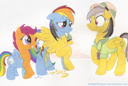 Size: 1632x1097 | Tagged: safe, artist:foxxy-arts, daring do, rainbow dash, scootaloo, g4, dash and scootaloo's cycle of obsession, mouth hold, obsession, paint, paint on feathers, paint on fur, paintbrush, scootobsession, traditional art, trio