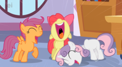 Size: 1559x866 | Tagged: safe, edit, edited screencap, screencap, apple bloom, scootaloo, sweetie belle, pony, robot pony, unicorn, g4, blank flank, cutie mark crusaders, disembodied head, eyes closed, female, filly, floppy ears, foal, headless, hooves, horn, laughing, mawshot, nose in the air, open mouth, raised hoof, smiling, spread wings, teeth, tongue out, trio, uvula, volumetric mouth, wat, wings
