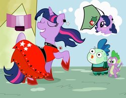 Size: 900x701 | Tagged: safe, artist:cartuneslover16, spike, twilight sparkle, pony, unicorn, g4, clothes, crossover, dress, eyes closed, female, fish hooks, invader zim, mare, red, tail, tailboner, unicorn twilight