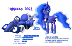 Size: 2323x1496 | Tagged: safe, artist:blue-paint-sea, princess luna, g4, kart stats, mario kart, parody, ponykart