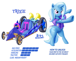 Size: 1969x1575 | Tagged: safe, artist:blue-paint-sea, trixie, pony, g4, bipedal, clothes, crossover, female, go kart, go-kart, kart stats, mario kart, parody, ponykart, simple background, solo, transparent background