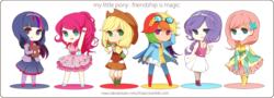 Size: 1410x506 | Tagged: safe, artist:niaro, applejack, fluttershy, pinkie pie, rainbow dash, rarity, twilight sparkle, human, g4, chibi, clothes, goggles, headband, humanized, line-up, mane six, vest