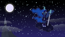 Size: 15360x8640 | Tagged: safe, artist:proenix, princess luna, pony, g4, absurd resolution, armor, cloud, cloudy, female, lidded eyes, looking at you, magic, moon, mountain, night, sitting, sky, smiling, solo, stars, stormcloud, sword, telekinesis, warrior luna, weapon