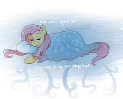 Size: 750x600 | Tagged: safe, artist:rosewhistle, fluttershy, pony, g4, blanket, female, pillow, sleeping, solo