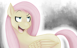 Size: 800x500 | Tagged: safe, artist:rosewhistle, fluttershy, pegasus, pony, g4, dreamworks face, female, flutterbitch, solo