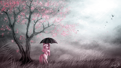 Size: 1920x1080 | Tagged: safe, artist:lunar-sugar, pinkie pie, bird, g4, cherry blossoms, crying, female, forest, leaves, pinkamena diane pie, sad, solo, tree, umbrella, wallpaper