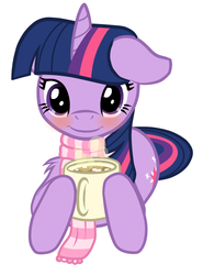 Size: 669x903 | Tagged: safe, artist:fearingfun, twilight sparkle, pony, unicorn, g4, blushing, clothes, cute, female, floppy ears, fluffy, hot chocolate, looking at you, mare, marshmallow, mug, prone, scarf, simple background, smiling, solo, striped scarf, unicorn twilight, white background