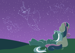 Size: 4961x3508 | Tagged: safe, artist:rannva, bon bon, lyra heartstrings, sweetie drops, oc, oc:fausticorn, pony, g4, cats don't dance, constellation, lauren faust, solo, stargazing, the powerpuff girls