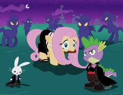 Size: 1200x925 | Tagged: safe, artist:scruffytoto, angel bunny, fluttershy, spike, vampire, vampony, g4, angel (buffyverse), buffy the vampire slayer, hilarious in hindsight, namesake, pun, spike (buffyverse)