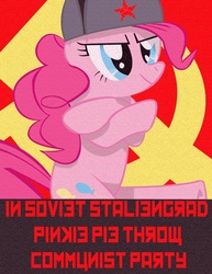 Size: 1600x2077 | Tagged: safe, artist:celrahk, pinkie pie, earth pony, pony, g4, communism, cossack dance, dancing, fake cyrillic, hammer and sickle, hat, pinko pie, solo, soviet union, ushanka