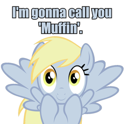 Size: 1600x1600 | Tagged: safe, artist:kuren247, edit, editor:pika-robo, derpy hooves, pegasus, pony, g4, bronybait, cute, derpabetes, female, fourth wall, grey text, image macro, mare, simple background, underp, white background