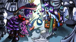 Size: 1920x1080 | Tagged: safe, artist:rosemary-thyme, derpy hooves, rarity, twilight sparkle, pegasus, pony, g4, clothes, dress, dress making, female, hat, mare, measuring tape, muffin, scissors