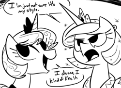 Size: 1050x770 | Tagged: safe, artist:tess, princess celestia, princess luna, g4, haircut, monochrome