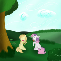 Size: 900x900 | Tagged: dead source, safe, artist:nostalgiagamerjs, noi, sweetie belle, g4, cloud, cloudy, cute, diasweetes, duo, duo female, female, filly, friends, grass, laughing, leaves, noiabetes, sky, tongue out, tree