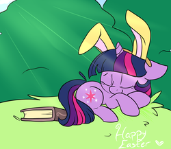 Size: 985x855 | Tagged: safe, artist:lustrous-dreams, twilight sparkle, pony, unicorn, ask filly twilight, g4, book, bunny ears, eyes closed, female, filly, filly twilight sparkle, prone, sleeping, solo