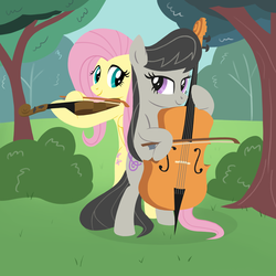 Size: 1000x1000 | Tagged: safe, artist:a-leksey, fluttershy, octavia melody, g4, cello, female, fluttertavia, lesbian, musical instrument, shipping, violin
