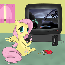 Size: 800x800 | Tagged: safe, artist:spicyhamsandwich, fluttershy, pegasus, pony, g4, blush sticker, blushing, chips, controller, doritos, female, food, gamershy, hoof hold, looking at you, looking back, looking back at you, mare, mass effect, sitting, solo, television, xbox 360