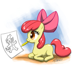 Size: 900x900 | Tagged: safe, artist:johnjoseco, apple bloom, spike, dragon, earth pony, pony, g4, apple bloom's bow, blank flank, bow, cute, drawing, female, filly, foal, hair bow, mouth hold, pencil, solo
