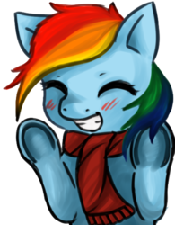 Size: 423x541 | Tagged: dead source, safe, artist:melipuffles, rainbow dash, pony, g4, blushing, clothes, cute, dashabetes, eyes closed, female, scarf, simple background, smiling, solo, transparent background, underhoof