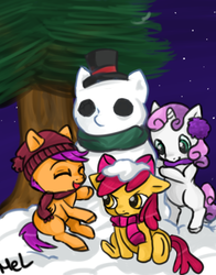 Size: 425x543 | Tagged: safe, artist:melipuffles, apple bloom, scootaloo, sweetie belle, earth pony, pony, g4, clothes, cutie mark crusaders, female, filly, hat, scarf, snowpony, winter
