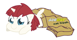 Size: 957x495 | Tagged: safe, oc, oc only, oc:fausticorn, alicorn, pony, bag, filly, lauren faust, subway (restaurant)
