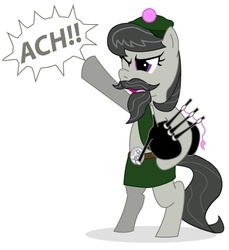 Size: 550x600 | Tagged: safe, artist:gimpcowking, octavia melody, earth pony, pony, semi-anthro, g4, bagpipes, bipedal, britain, facial hair, female, kilt, moustache, musical instrument, one eye closed, scotland, scottish, simple background, solo, wat, white background