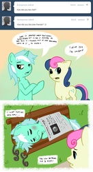 Size: 698x1280 | Tagged: safe, artist:raph13th, bon bon, lyra heartstrings, sweetie drops, earth pony, pony, unicorn, g4, ask, asklyrabonbon, bench, duo, female, hobo, homeless, mare, newspaper, tumblr