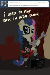 Size: 863x1280 | Tagged: safe, artist:raph13th, bon bon, sweetie drops, earth pony, pony, g4, amplifier, ask, asklyrabonbon, bass guitar, bipedal, clothes, jacket, leather jacket, musical instrument, rock (music), rocker, solo focus, tumblr