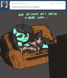 Size: 1000x1157 | Tagged: safe, artist:raph13th, lyra heartstrings, pony, unicorn, g4, ask, asklyrabonbon, bored, clothes, couch, dexterous hooves, female, lidded eyes, lying, mare, remote, robe, solo, television, tumblr