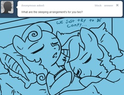 Size: 1077x832 | Tagged: dead source, safe, artist:raph13th, bon bon, lyra heartstrings, sweetie drops, earth pony, pony, unicorn, g4, ask, asklyrabonbon, bed, duo, female, lesbian, ship:lyrabon, shipping, sleeping, sleeping together