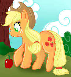 Size: 665x720 | Tagged: safe, artist:lustrous-dreams, applejack, earth pony, pony, g4, apple, female, obligatory apple, solo