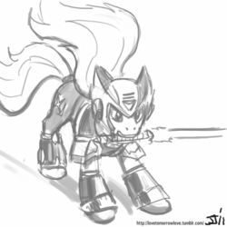 Size: 800x800 | Tagged: safe, artist:johnjoseco, earth pony, pony, beam saber, grayscale, male, mega man (series), monochrome, mouth hold, ponified, simple background, stallion, sword, weapon, white background, zero
